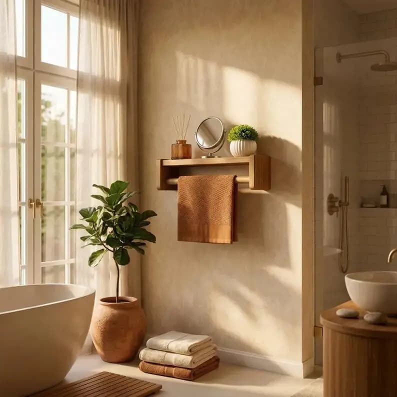 Rustic Wooden Bathroom Shelf with Towel Bar, Farmhouse Wall Mounted Storage Rack, Natural Wood Bathroom Organizer for Towels Toi