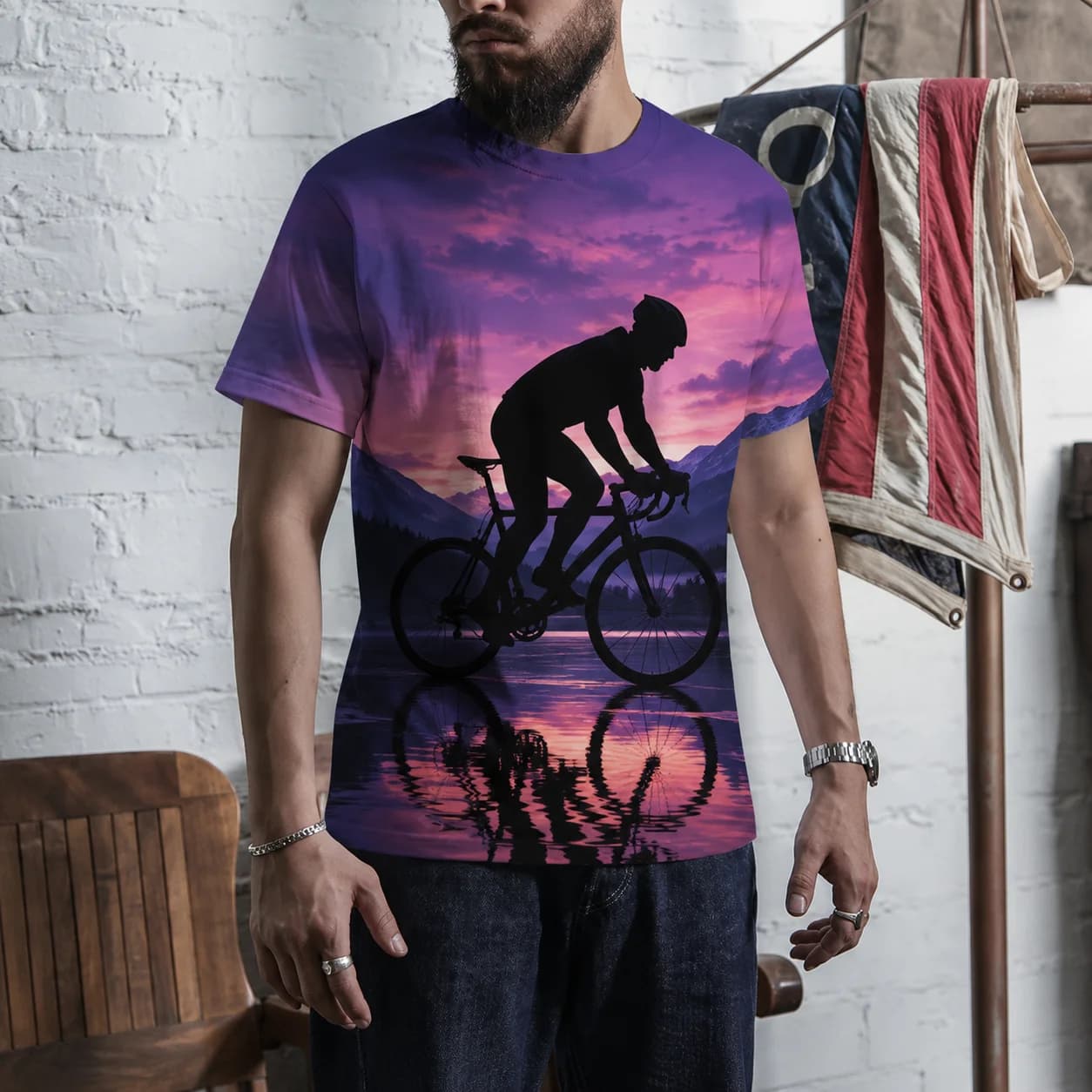 Men’s Cycling T Shirt Sunset Bicycle Silhouette Scenic Graphic All Over Print Short Sleeve Crew Neck Casual Outdoor Sports Tee