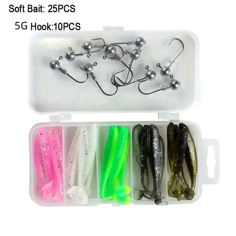 35 Pz/scatola Filettata Bobina Coda Esca Bionica Esca Finta con Gancio a Testa di Piombo w/scatola Esca Fishing Equipment Esca Morbida Set