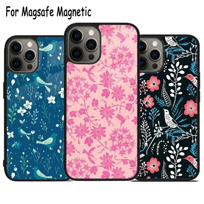 Custodia per telefono con ricarica wireless e motivo uccelli e fiori per iPhone 17 Air 15 16 16e 14 13 11 12 Pro Max Plus, Cover Magnetica Magsafe