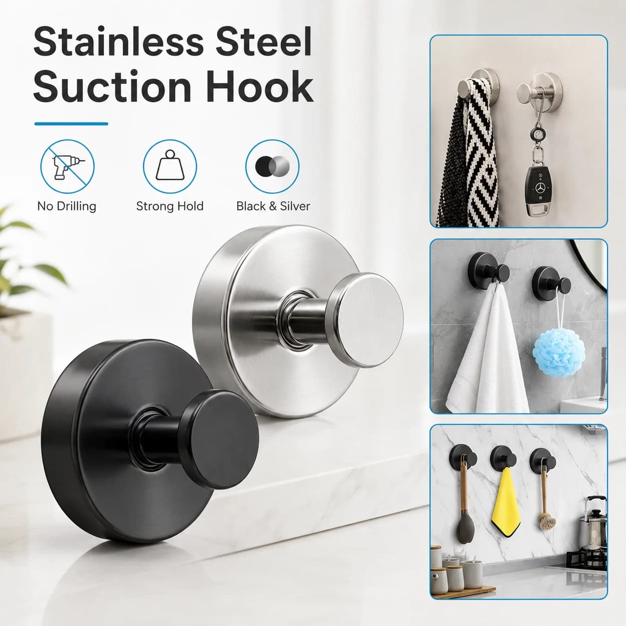 1/2/4PCS Premium Stainless Steel Suction Cup Hooks No Drill Wall Hanger Waterproof Vacuum Hook For Shower Bathroom Kitchen Towel