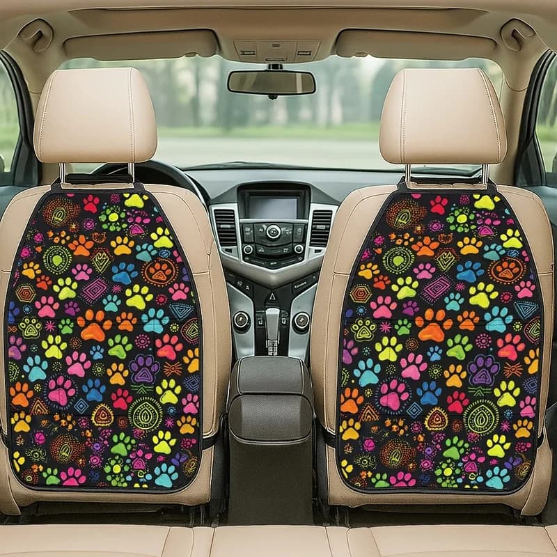Car Seat Back Covers With Storage Pockets, Colorful Tribal Paw Print Design For Pet Owners