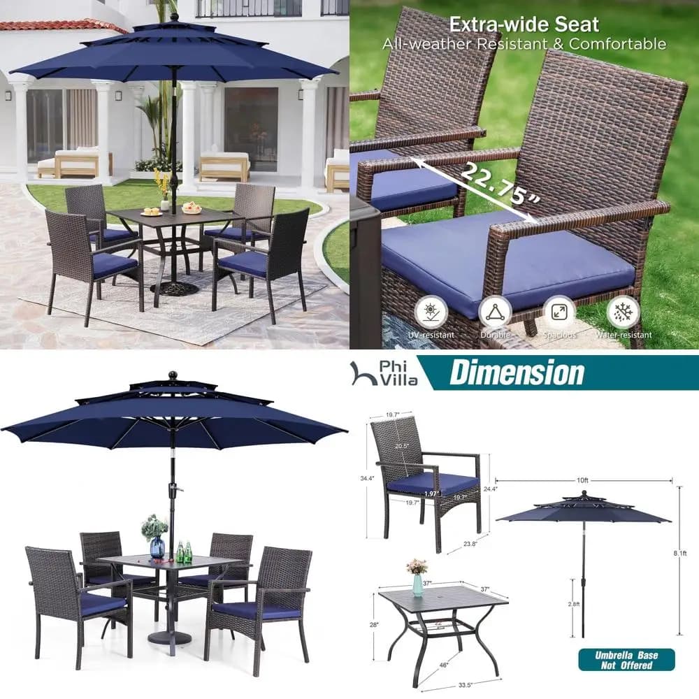 Outdoor dining set in 5 pieces: 37 inch metal square table with padded rattan chairs and blue umbrella for patio, terrace or garden