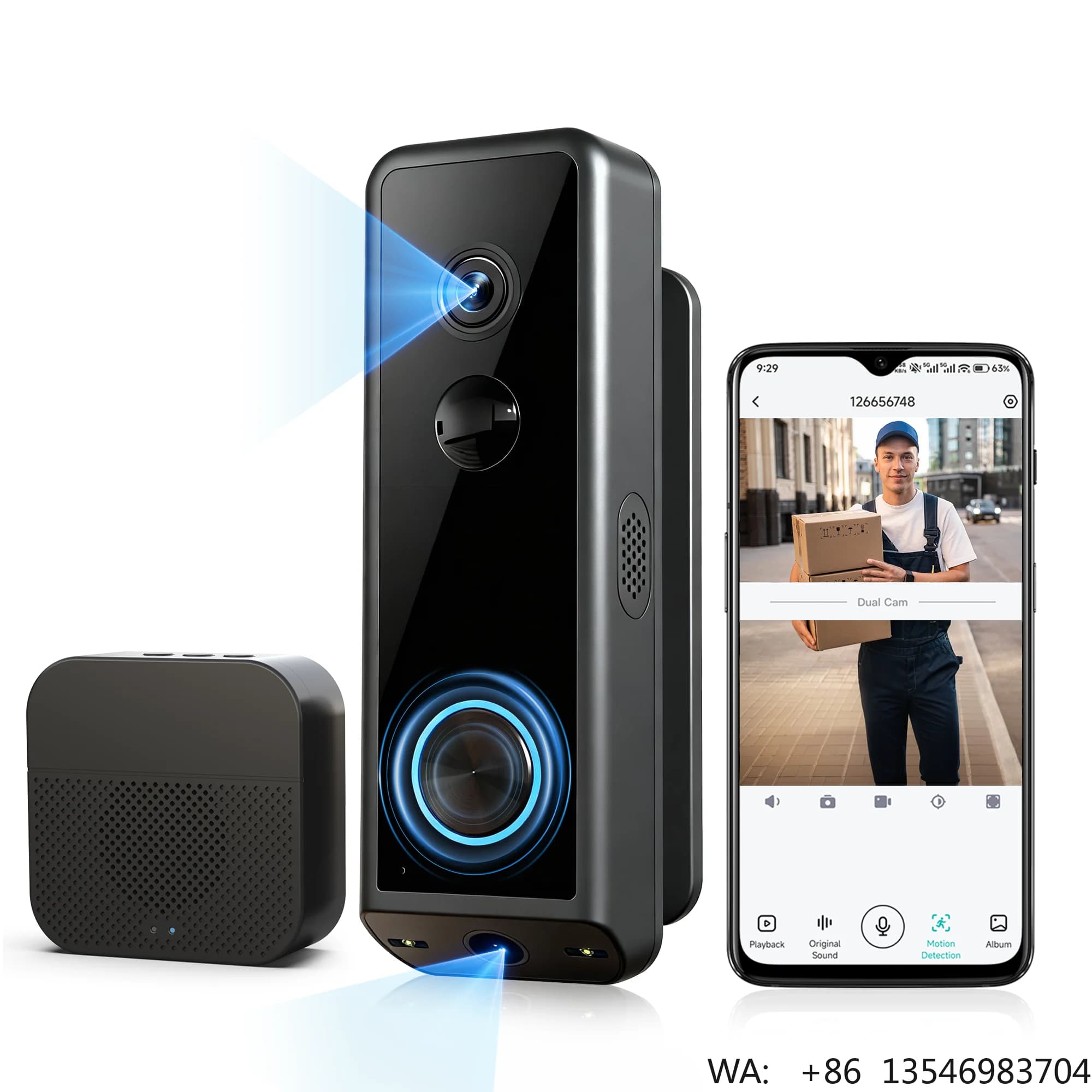 Campanello Video Wireless WiFi con Design Doppio a 180° ° Funzione di rilevamento con ampio angolo di visione, controllo tramite app mobile