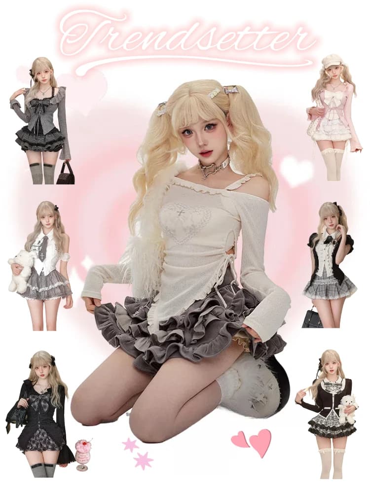 Set da 3 pezzi vintage giapponese Kawaii autunno Y2k dolce fiocco maglione lavorato a maglia abiti da donna casual Y2k caridgan cappotti + minigonne