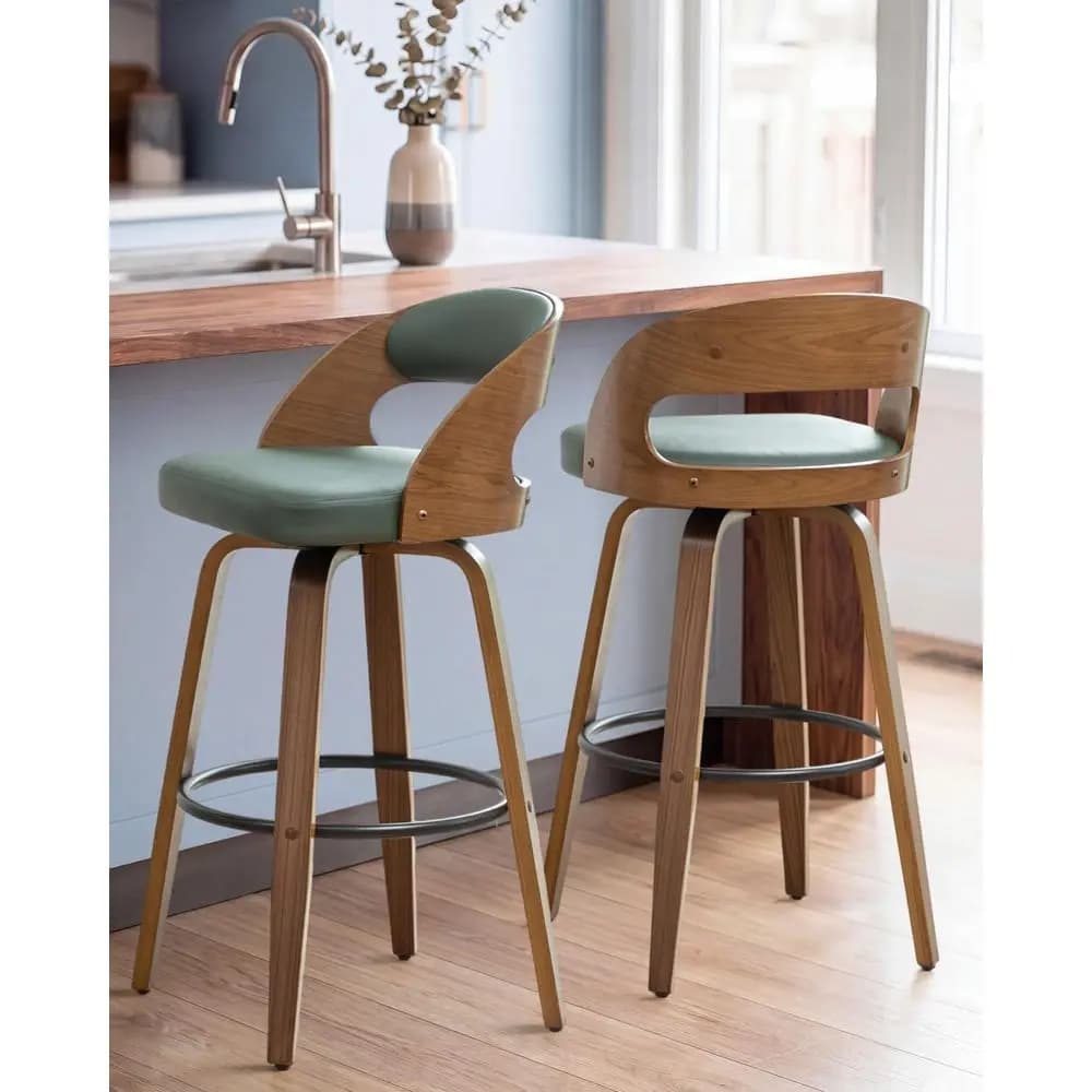 Green 26 Counter Height PU Leather Swivel Bar Stools with Backrest and Footrest for Bar, Cafe, Dining, Kitchen Island