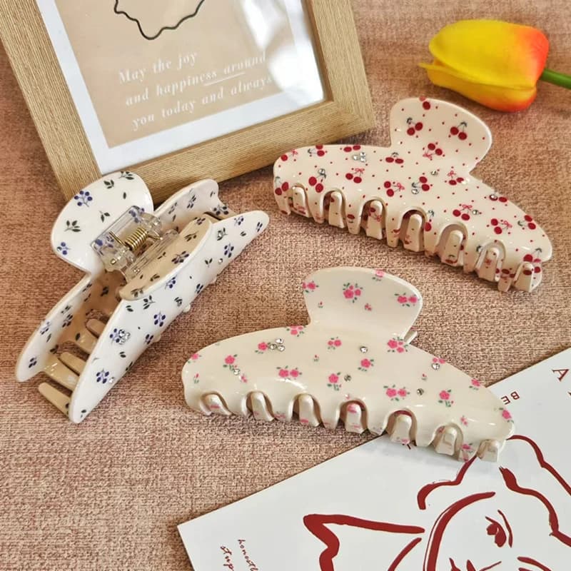 New Sweet Rhinestone Cherry Rose Hair Claw Fruit Series Acetate Claw Clips Crab Hair Clips for Women Girls Hair Accessories
