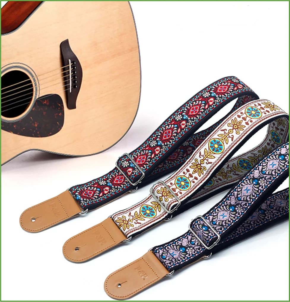 Tracolla per Chitarra Ricamata, Cintura Regolabile in Jacquard con Estremità in Cotone e Pelle per Basso, Chitarra Acustica, Elettrica, Ukulele e Altri Strumenti
