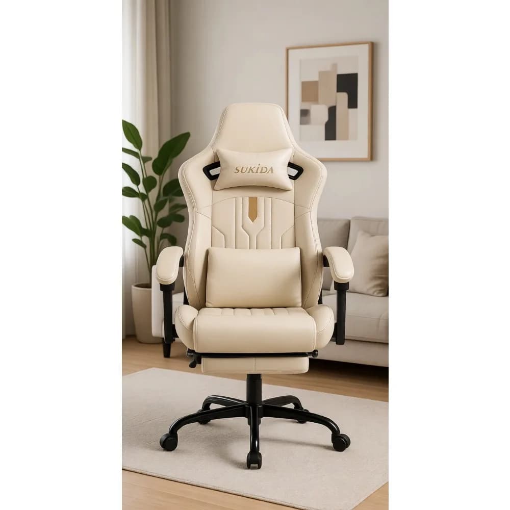 Ergonomic Gaming Chair with Footrest and Massage Lumbar Support, Adjustable Recliner for Adults, Beige Office Chair
