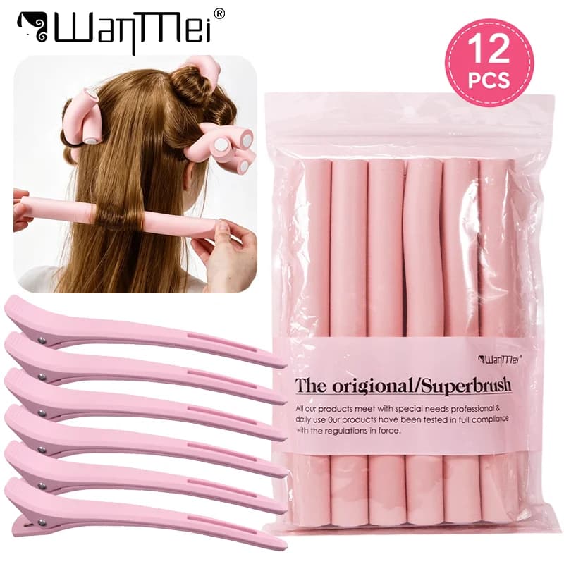 12PCS Hair Curling Rollers Set, Heatless Hair Curlers with Sectioning Clips, Foam Curling Rods for DIY Hair Styling Wavy Curls