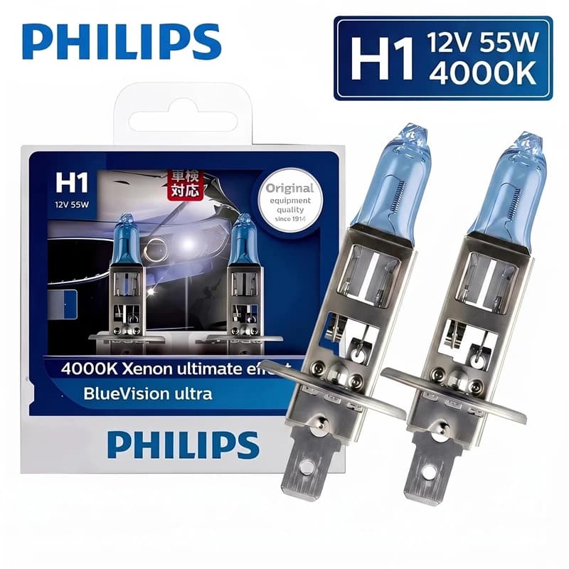Philips H1 BlueVision Ultra Car Halogen Head Lamps P14.5s 4000K Xenon White Light 12V 55W High Low Beam Original 12258BVUS2