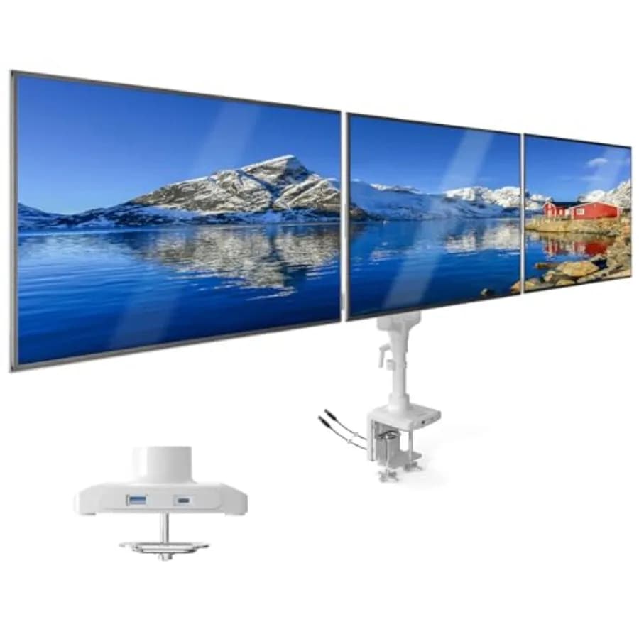 Supporto per tre monitor da scrivania in lega di alluminio nero con regolazione a molla a gas, porte USB-C/A e base a morsetto/foro passante