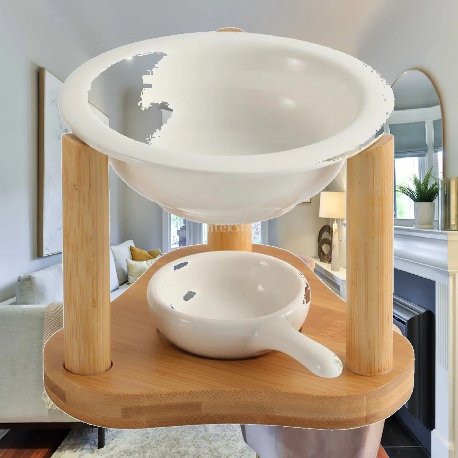 Ceramic Aroma Lamp for Oil Bamboo Frame Scent Diffuser Essential Oil Burner Holder for Home Tabletop Relaxation