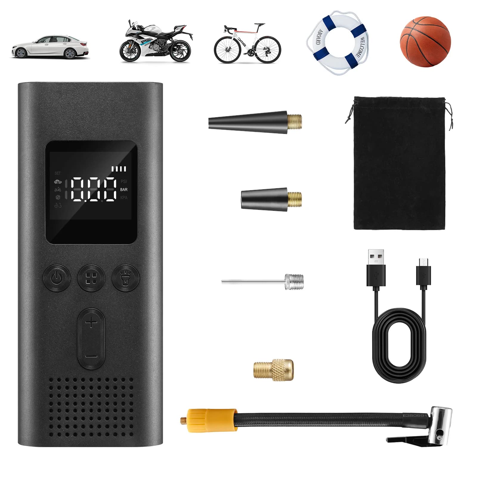 Pompa d'Aria Portatile Q3 150psi, Gonfiatore Digitale Wireless per Pneumatici con Luce LED per Auto, Biciclette e Moto