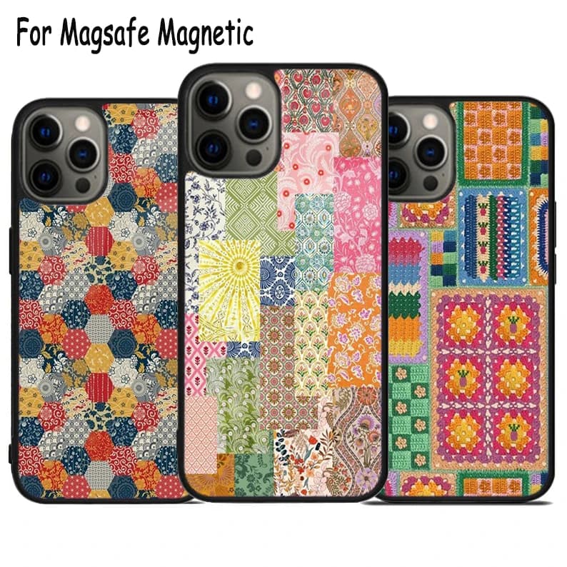 Custodia Vintage Patchwork con Ricarica Wireless per iPhone 17 Air 15 16 16e 14 13 11 12 Pro Max Plus, Cover Magnetica Bumper Magsafe