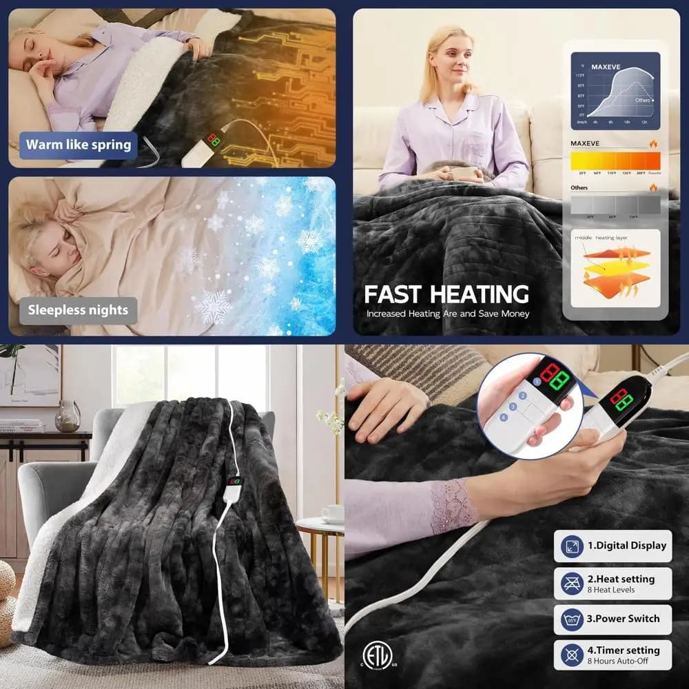 Coperta Sherpa riscaldata in finta pelliccia di coniglio con 8 livelli, spegnimento automatico, protezione dal surriscaldamento, lavabile, grigia