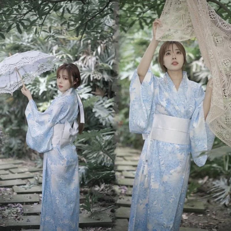 Women Japanese Kimono White Obi Floral Print Photography Bathrobes Novelty Evening Dress Geisha Dance Stage Yukata Costume