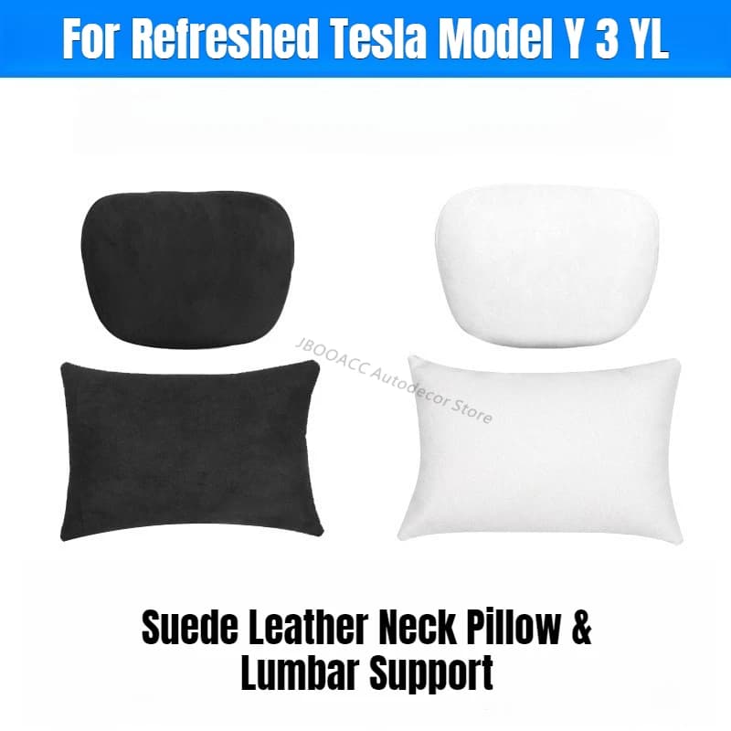 For Tesla Model Y 3 YL Refreshed Suede Leather Neck Pillow Lumbar Support Neck Waist Head Cushion Breathable Car Accessories