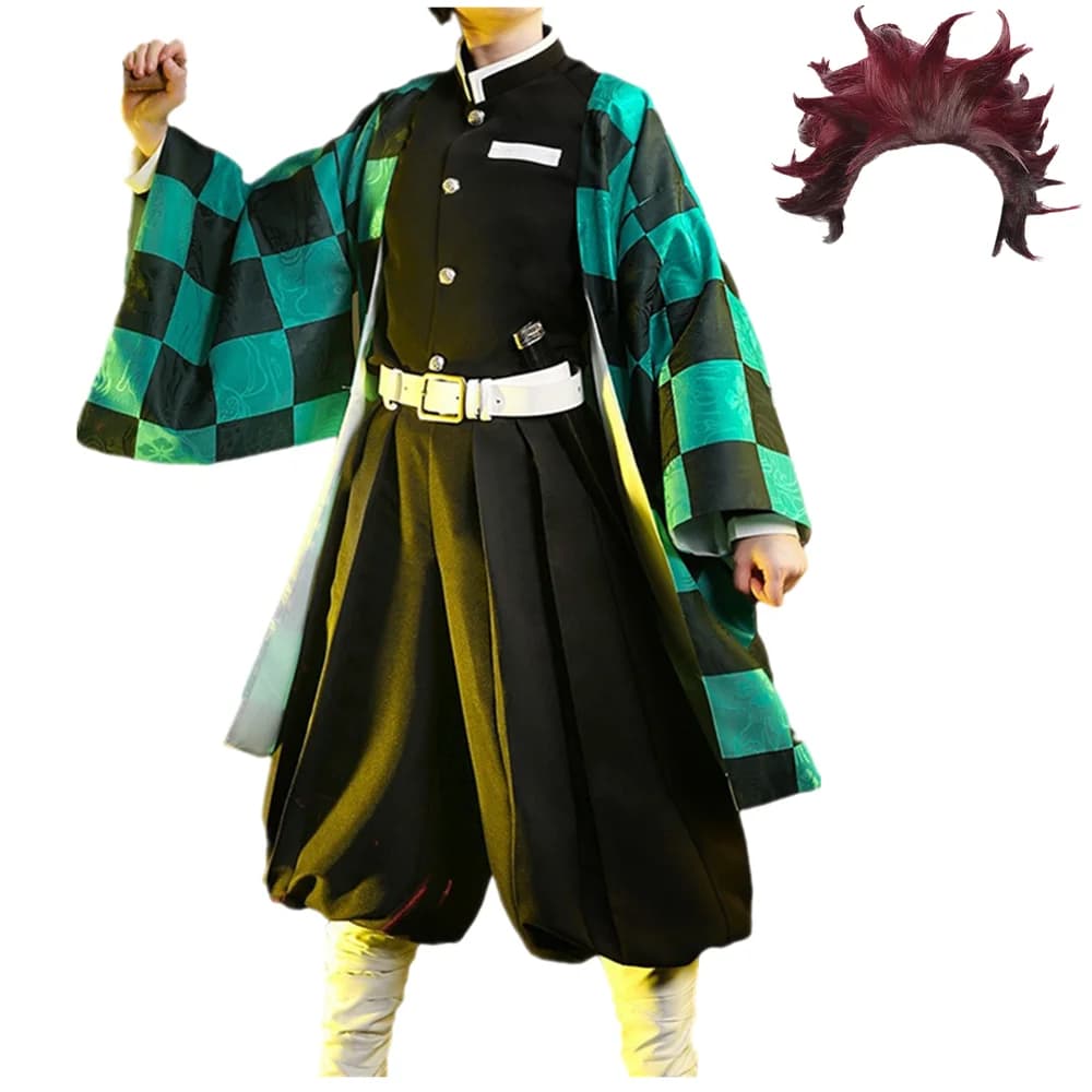 Costume da Cosplay di Tanjiro Kamado per Uomo, Taglia USA, Abito Verde con Camicia e Pantaloni, Outfit per Halloween