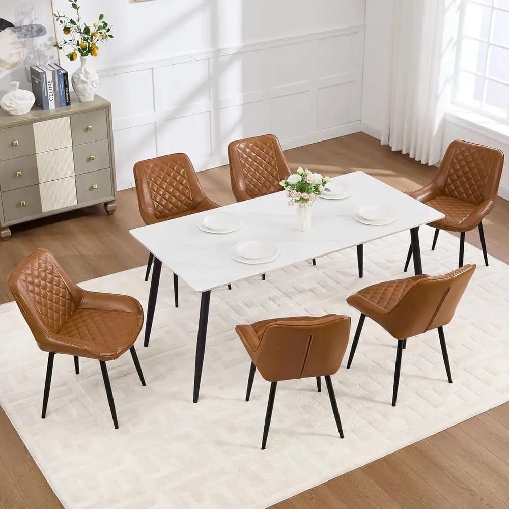 Set di 6 sedie da pranzo in similpelle marrone con cuscini spessi e gambe in metallo
