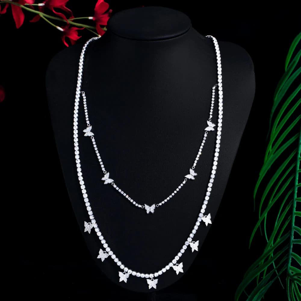 BeaQueen Exquisite Butterfly Cubic Zirconia Super Long 2 Layer Sweater Chain Necklace for Women Anniversary Jewelry Gifts N036