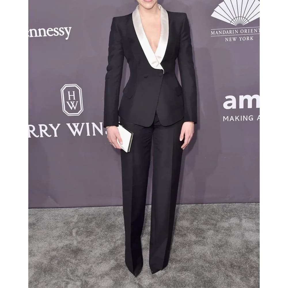 Classic Black Two Pieces Suit Set for Women Double Braested Shawl Lapel Jacket Pant Sets Slim Fit Office Banquet Female Clothing