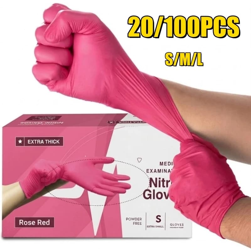 20/100 Pezzi Guanti Monouso in Nitrile Fucsia, Resistenti e Senza Lattice, per Pulizie Domestiche, Giardinaggio, Cucina, Alimenti, Estetica