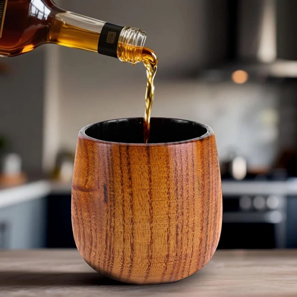 Tazza Giapponese in Legno Fatta a Mano, Bicchiere Naturale a Forma di Botte per Birra, Succo, Latte, Acqua, Tazza Rotonda a Pancia Larga per Cucina e Bar