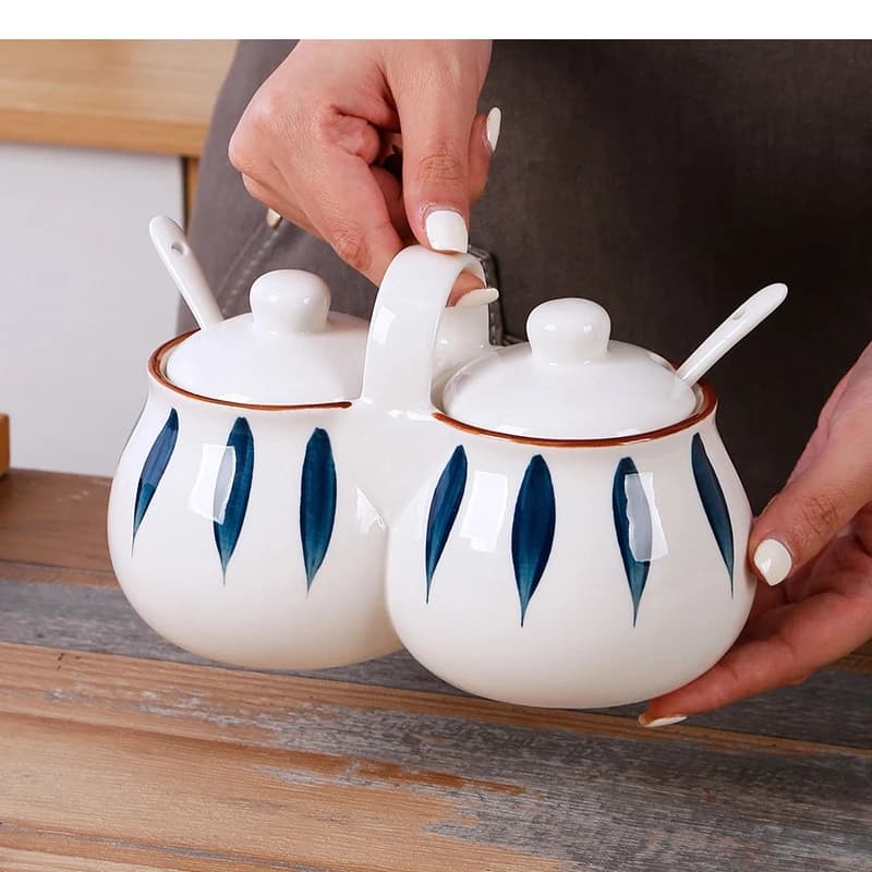 Japanese Ceramic Seasoning Jar Combination with Lid Pepper Shaker Household Salt Sugar Spice Set Kitchen