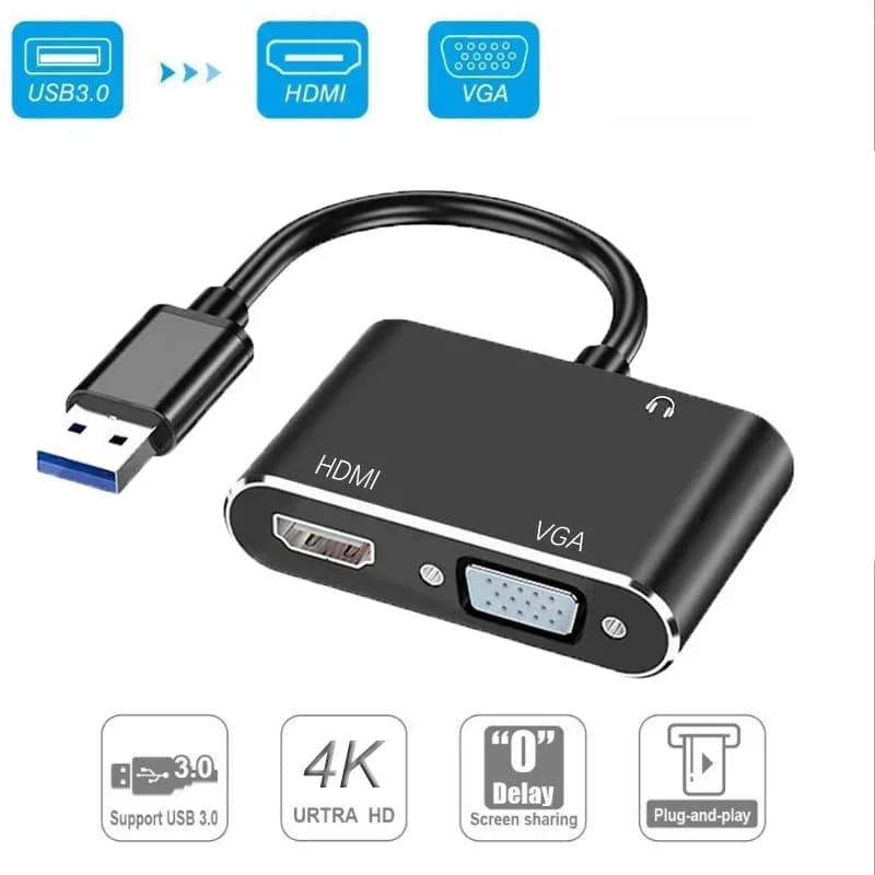 Adattatore convertitore audio video USB 3.0 a HDMI VGA 3 in 1 1080P 4K con doppio schermo compatibile HDMI per PC, laptop e proiettore