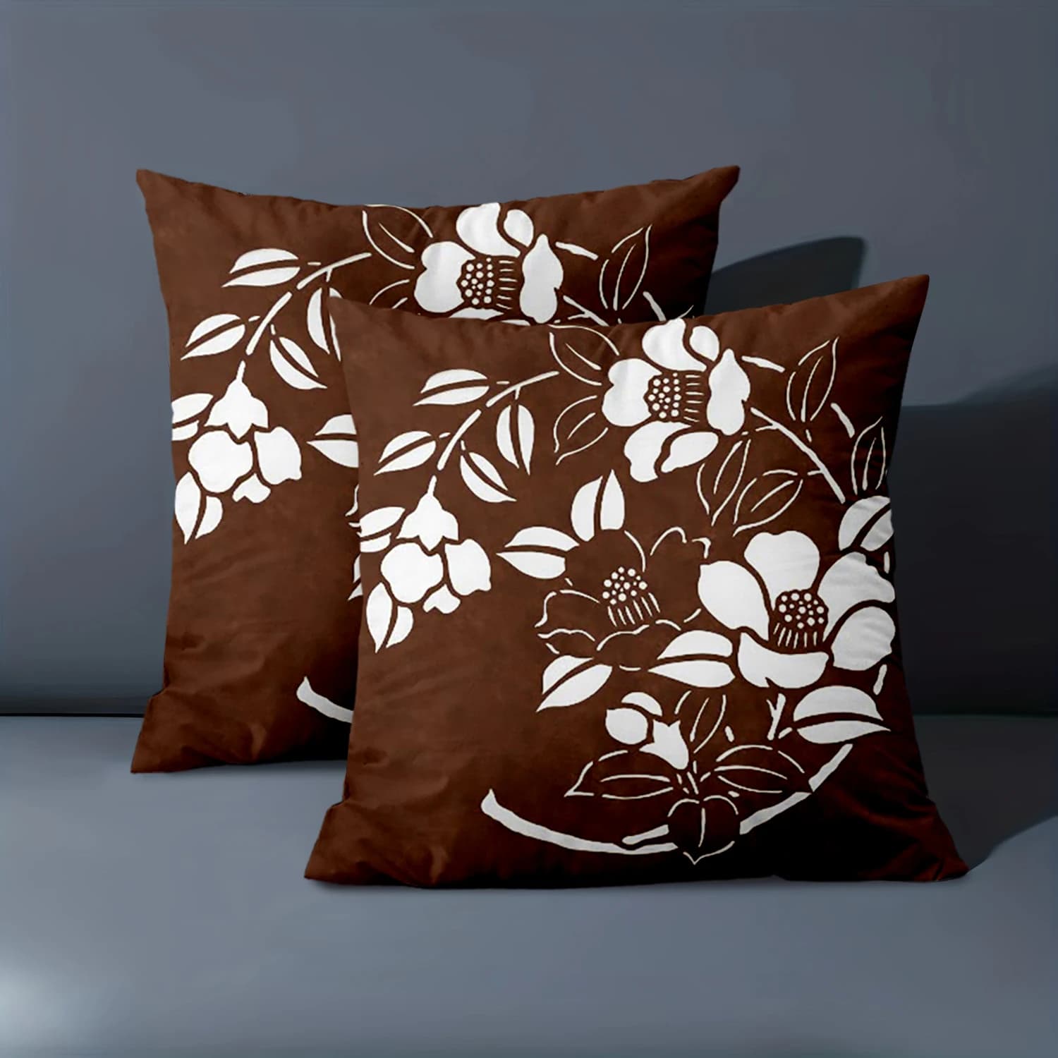 1 piece of brown cushion cover with white floral motifs, polyester pillow, decorative sofa cushion, headboard cushion