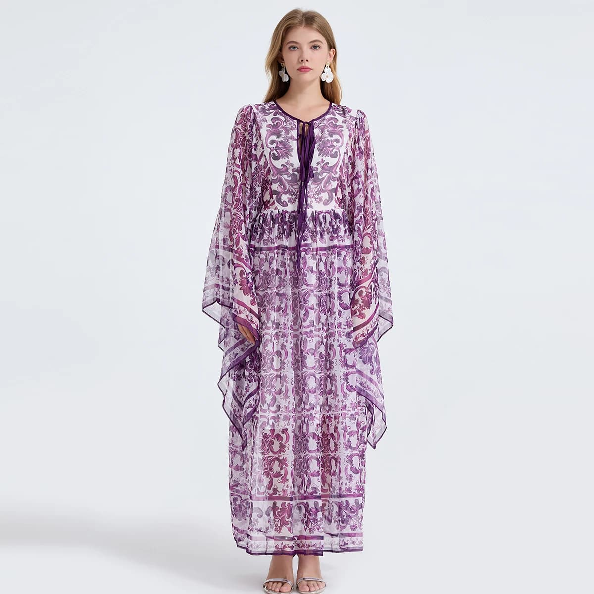 Abito da vacanza con stampa in porcellana viola blu e bianca Abito estivo vintage della Boemia Abito lungo con cintura con lacci allentata da donna Vestido