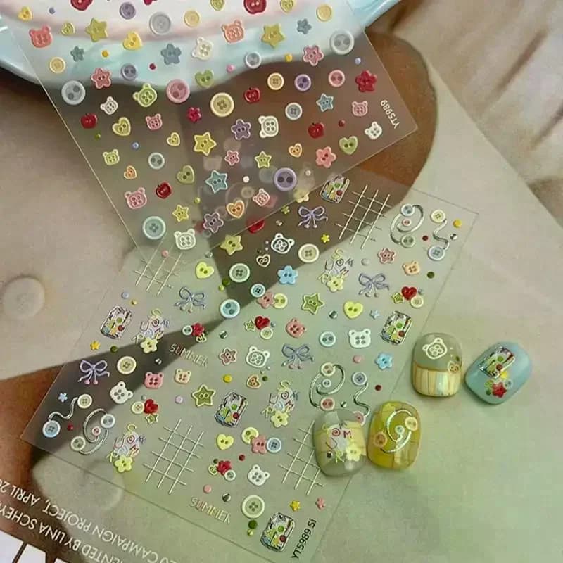 Nail Art Stickers Kawaii Embossed Cartoon Buttons 3D Decor Decals DIY Scrapbook Journal No Flat Boring