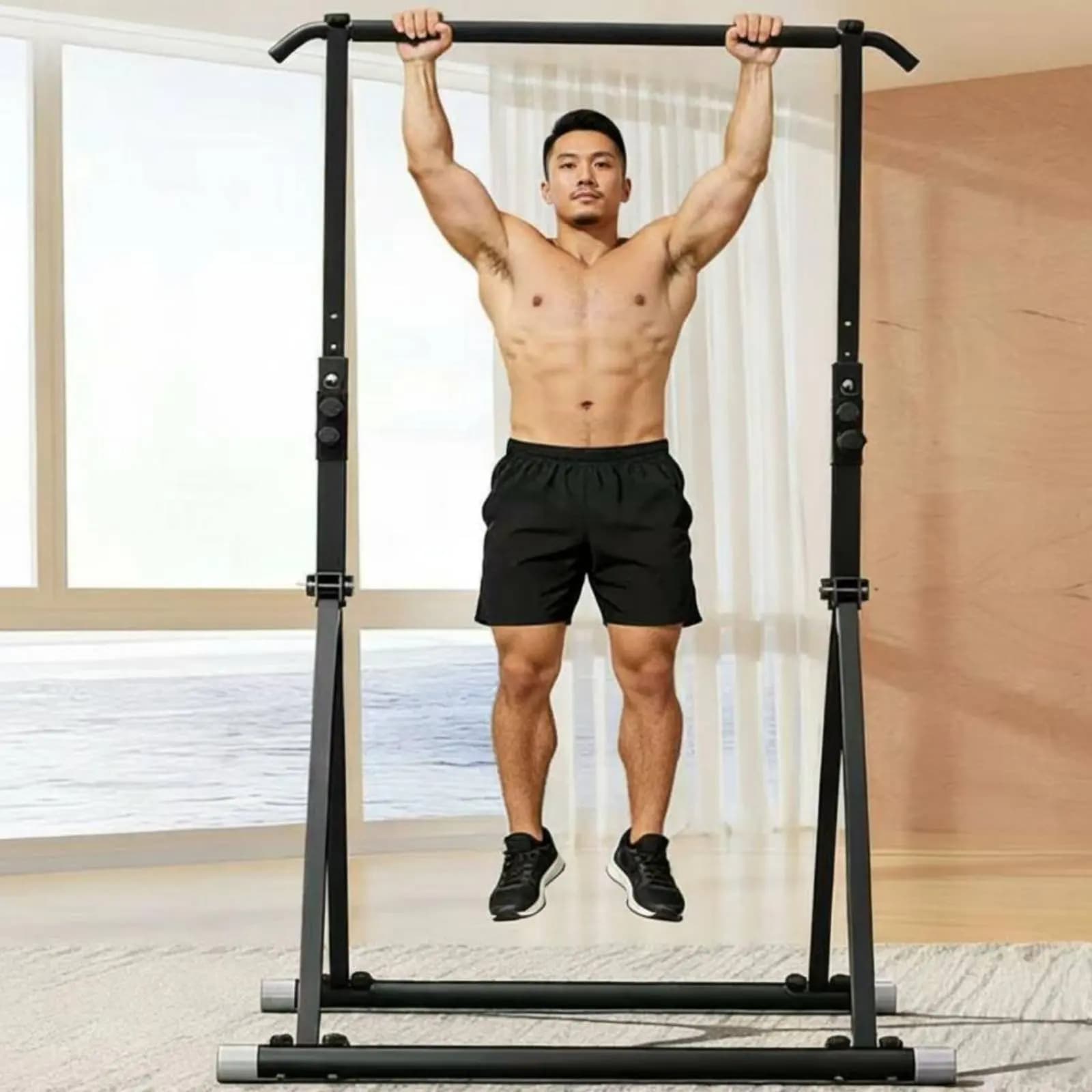 Stazione per Trazioni con Piedini Antiscivolo, Supporto per Barra Parallela, Facile Montaggio, Attrezzatura Fitness con Ampio Spazio per la Presa