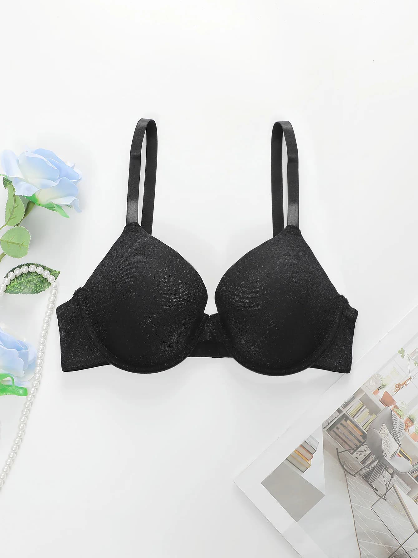 Women Underwire Push Up Bra Black Shiny Padded Brassiere Adjustable Thin Straps Daily Comfort Lingerie J2496