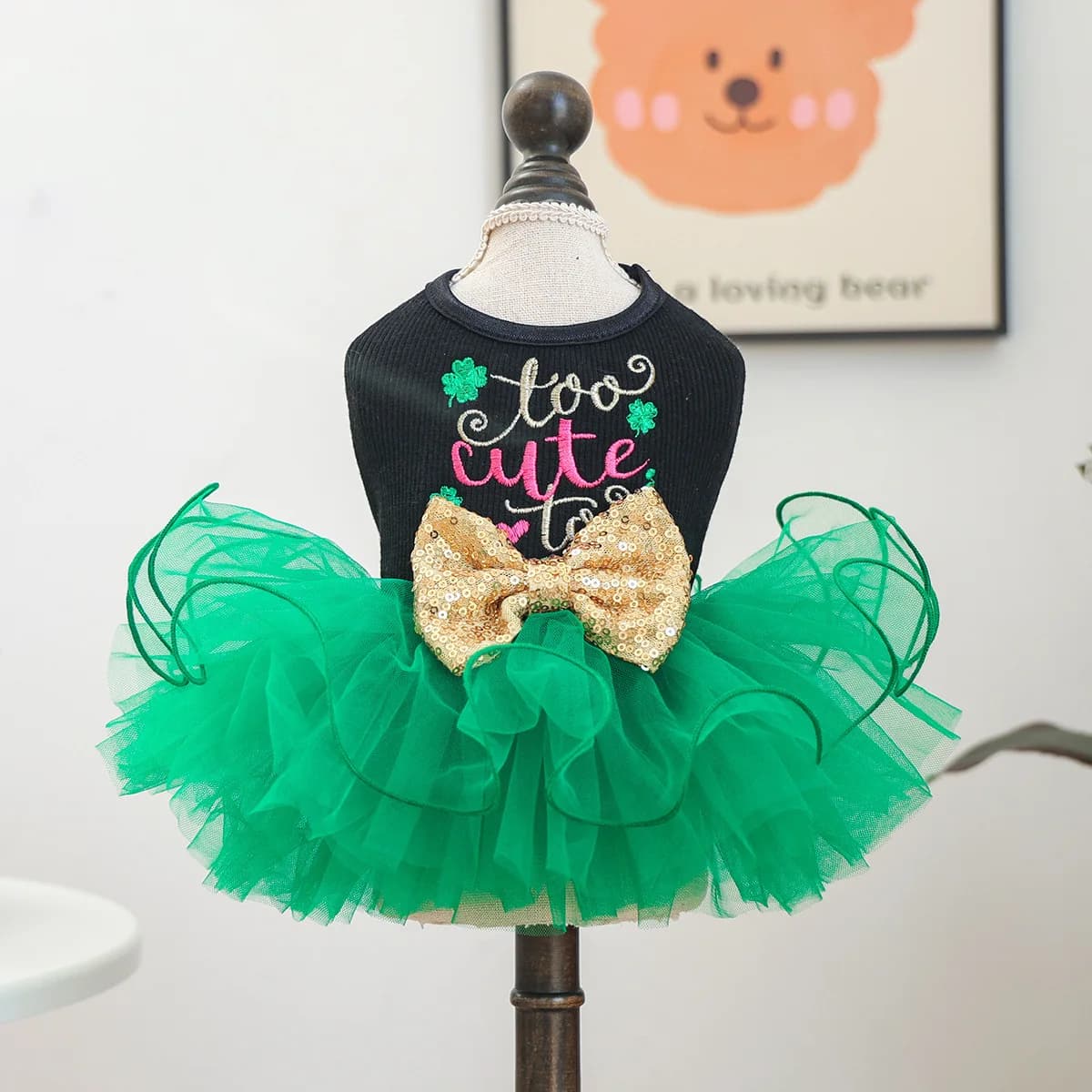 Abito in Tulle Verde per Gatti e Cuccioli di San Patrizio, Vestito Estivo per Animali Domestici con Foro per Guinzaglio a D-ring