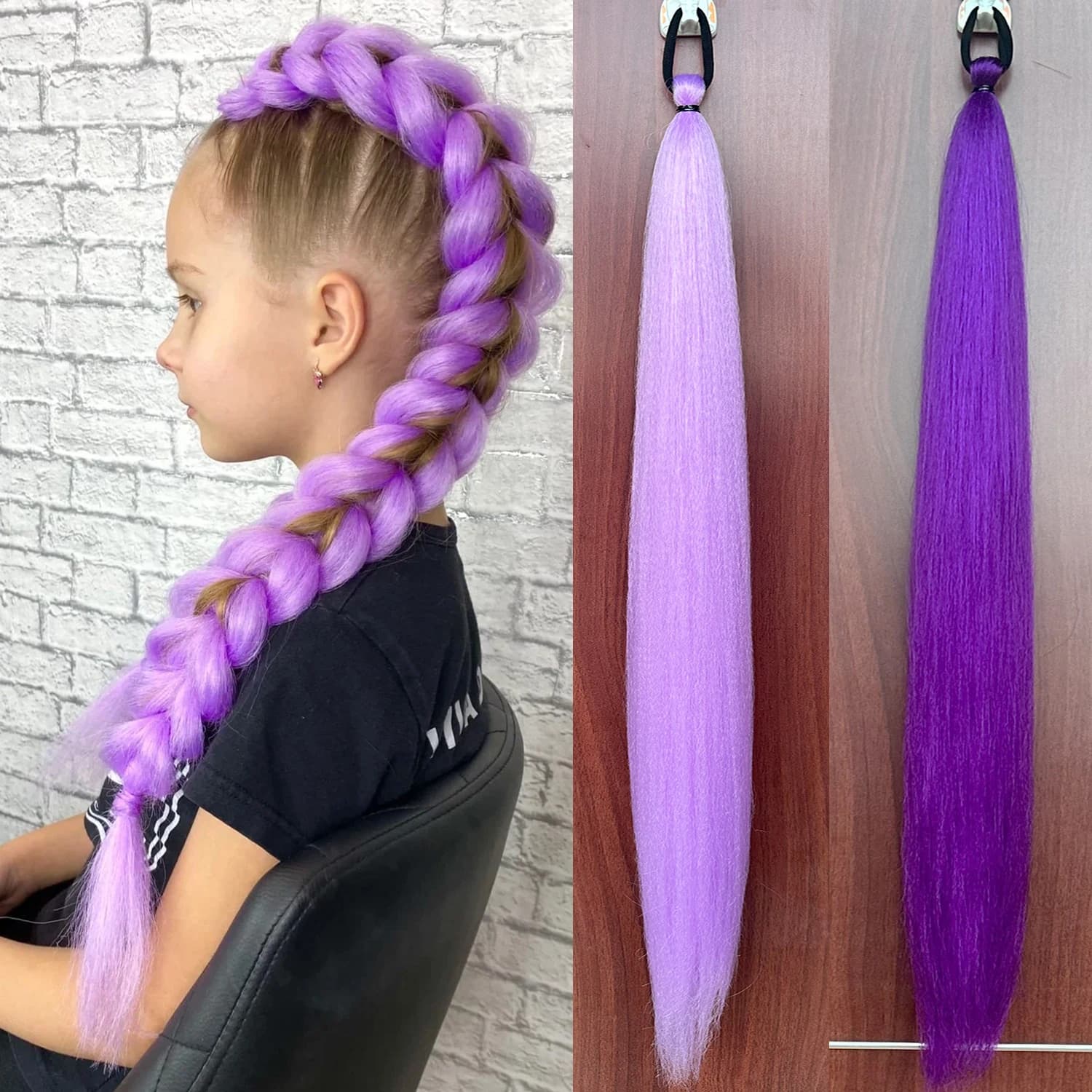 Coda di cavallo sintetica lunga da 28 pollici coda di cavallo intrecciata viola fai da te con elastico accessori per capelli di Halloween per donna