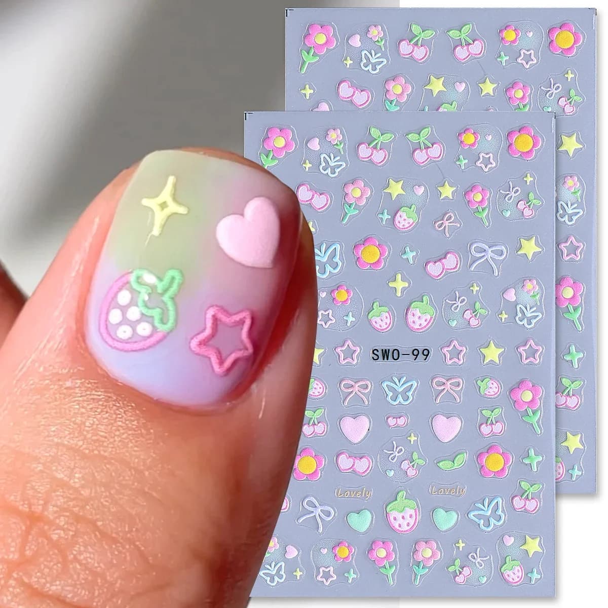 2 Pieces Nail Stickers with Sweet Elements, Simple Flowers, Hearts, Cherry, Strawberries, Decalcomanie Kawaii, Colored Flakes, Butterflies, Slider for Manicure