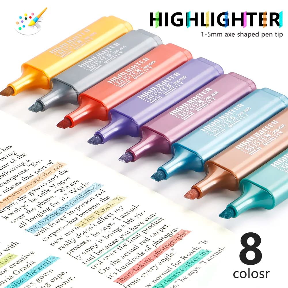 8 Colors Metallic Highlighters High Capacity Quick-Drying For Painting And Taking Notes Office Stationery Art School Supplies.