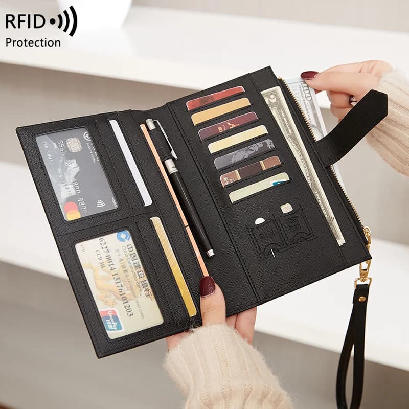 Borsa per passaporto antimagnetica RFID con fibbia con cerniera Borsa per passaporto Porta passaporto Portafoglio lungo multifunzionale per donne e ragazzi