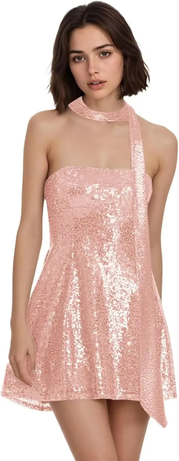 Abiti da Ballo con Paillettes, Corsetto Scintillante per Adolescenti, Mini Abito HOCO Senza Spalline, Vestito Corto da Cerimonia con Fiocco e Sciarpa, Abito Sexy con Schiena Scoperta