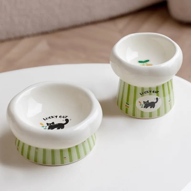 Raised Ceramic Dog Bowl Anti Vomiting Elevated Tilted Pet Food Water Bowl Green Striped Cute Black Cat Pattern Feeder for Cats