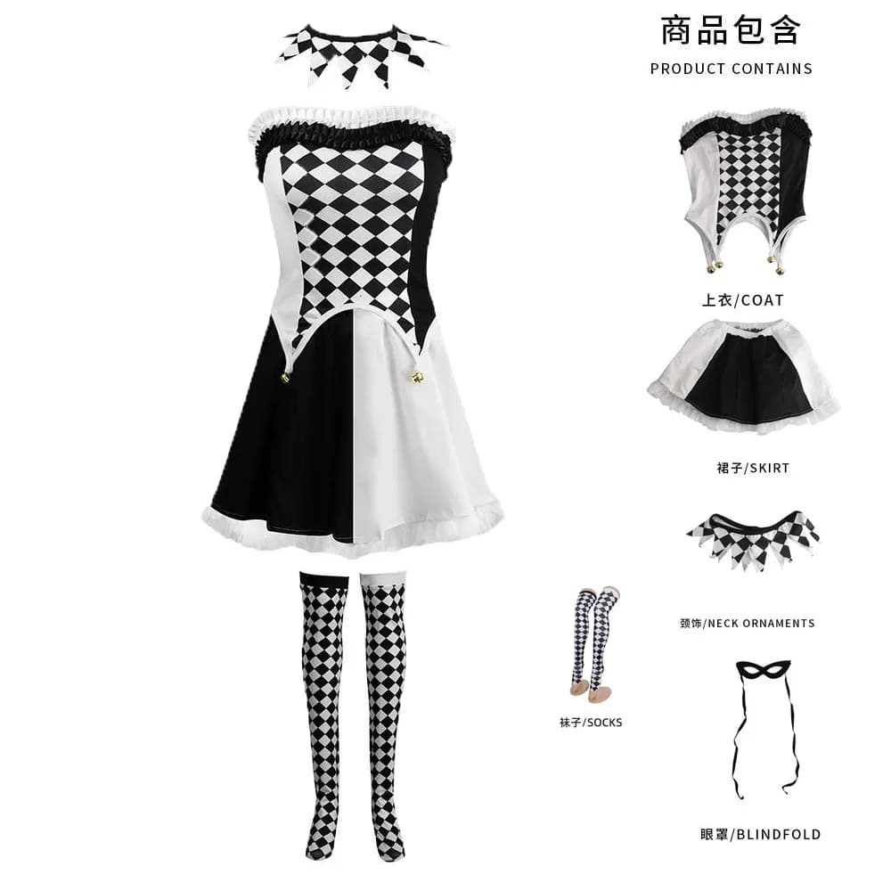 Woman Clown Cosplay Demon Vampire Costume Black and White Checkers Top Skirt Neckwear Blindfold Socks Set Halloween Party Costum