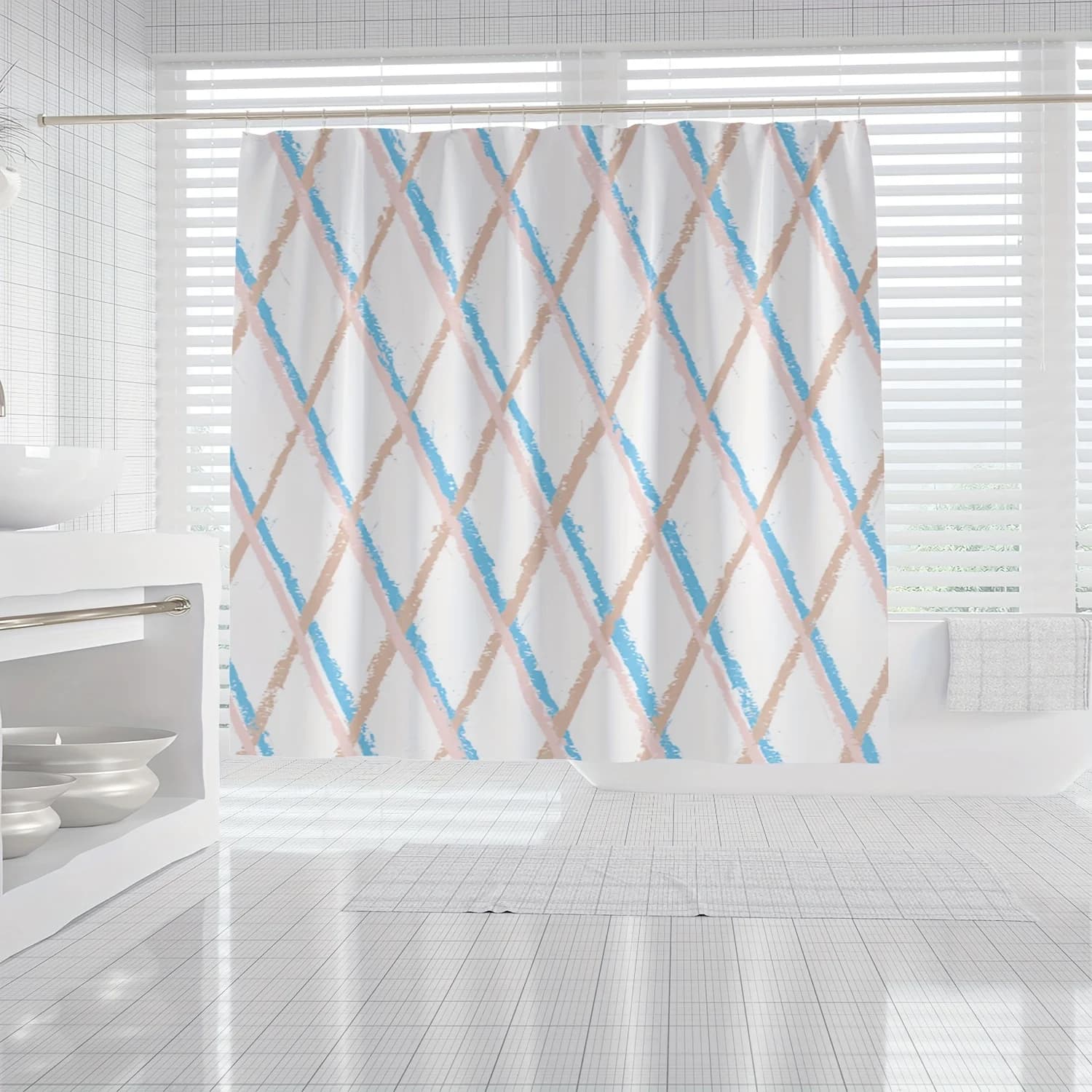 Tenda da doccia con design a griglia diamantata dipinta a mano: motivo artistico blu, rosa e beige, include ganci per l'arredamento del bagno