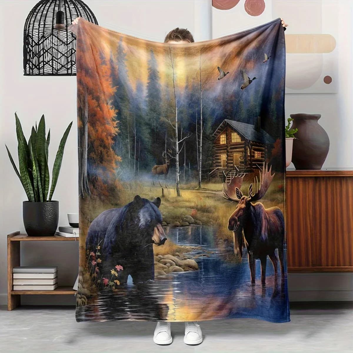 omfortable flannel blanket with rural bear and moose patterns, suitable for use on sofas, beds, and offices Giving gifts