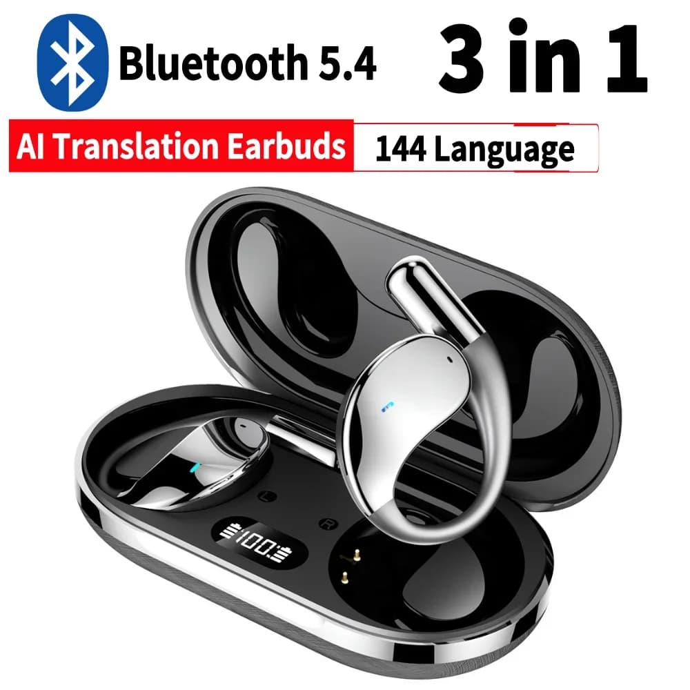 Auricolari Traduttori AI 3 in 1 Compatibili con Bluetooth 5.4, Dispositivo di Traduzione in Tempo Reale HiFi per 144 Lingue