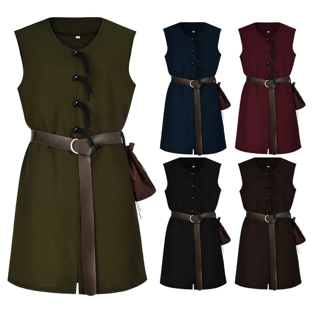 Medieval Viking Tunic Shirt V-Neck Sleeveless With Belt Mid Length Cosplay Performance Halloween Costume Pirate