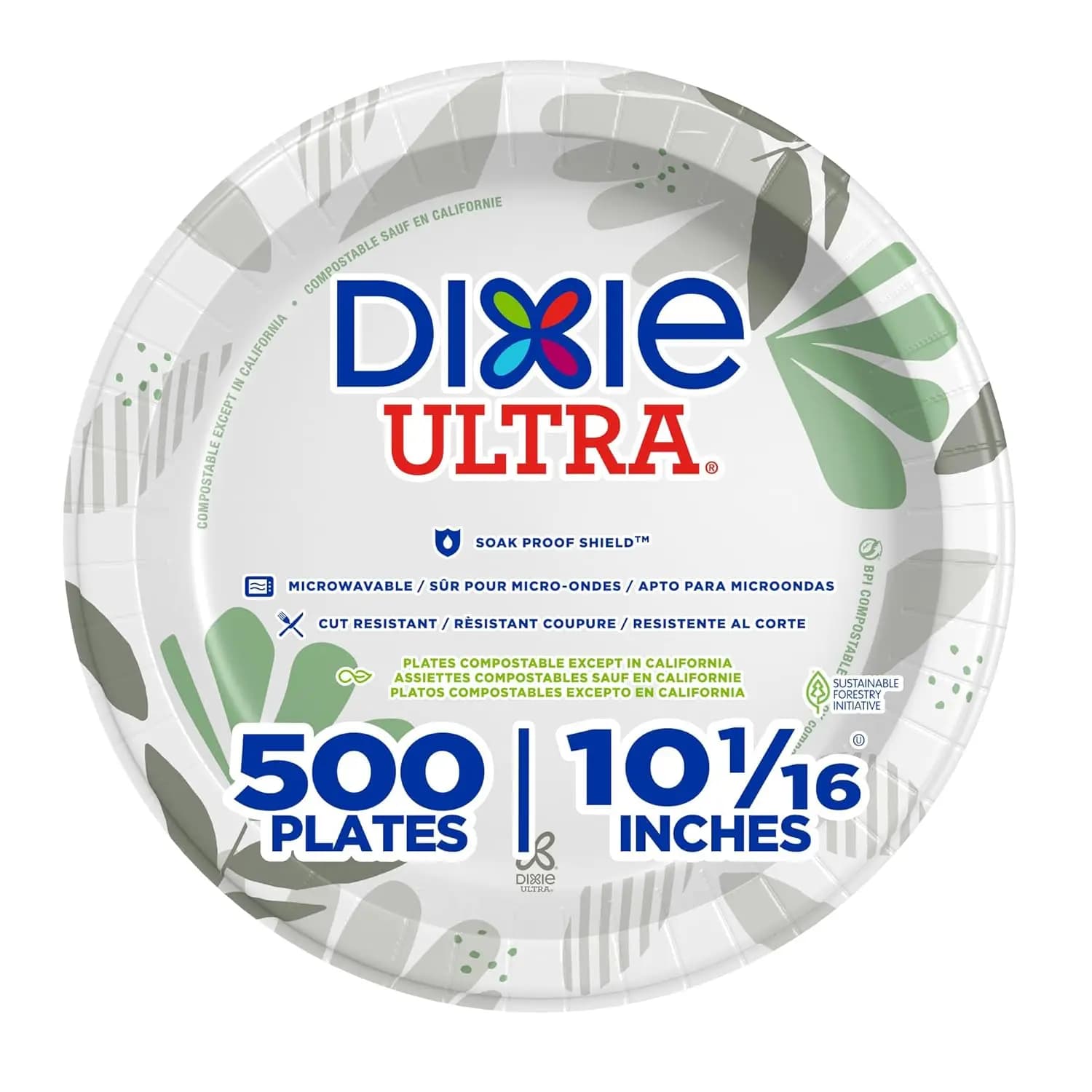 Paper Plates Resistant 10 Pollics, Botanical Design, 500 Pieces (4 Packs of 125 US Plates and Throw)