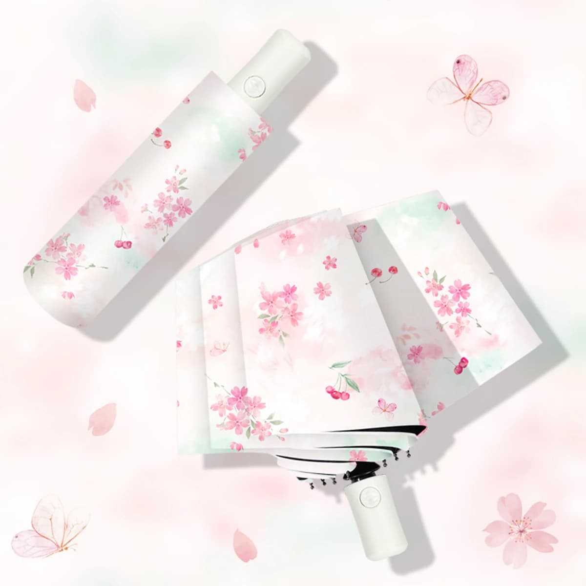 Ombrello con motivo stampato colorato con fiori di ciliegio che cadono Ombrello completamente automatico impermeabile, protezione solare, protezione UV portatile