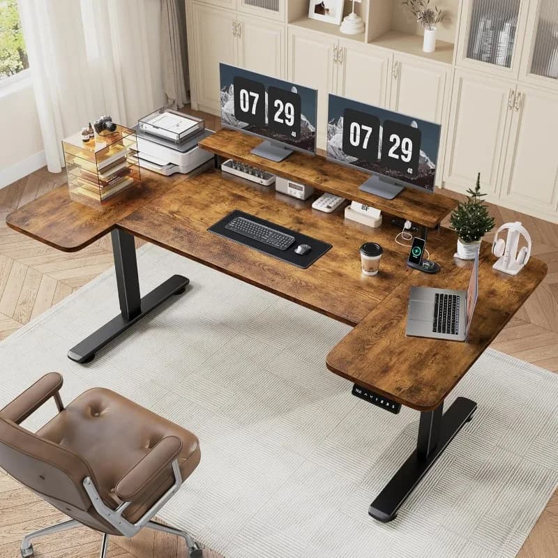 71 inch Standing U-shaped desk with monitor shelf, electric compost desk with slippers and LED lights, Home Office De